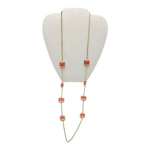 Coral Orange Enamel Inlay Square Accents Gold Tone Long Vintage Necklace